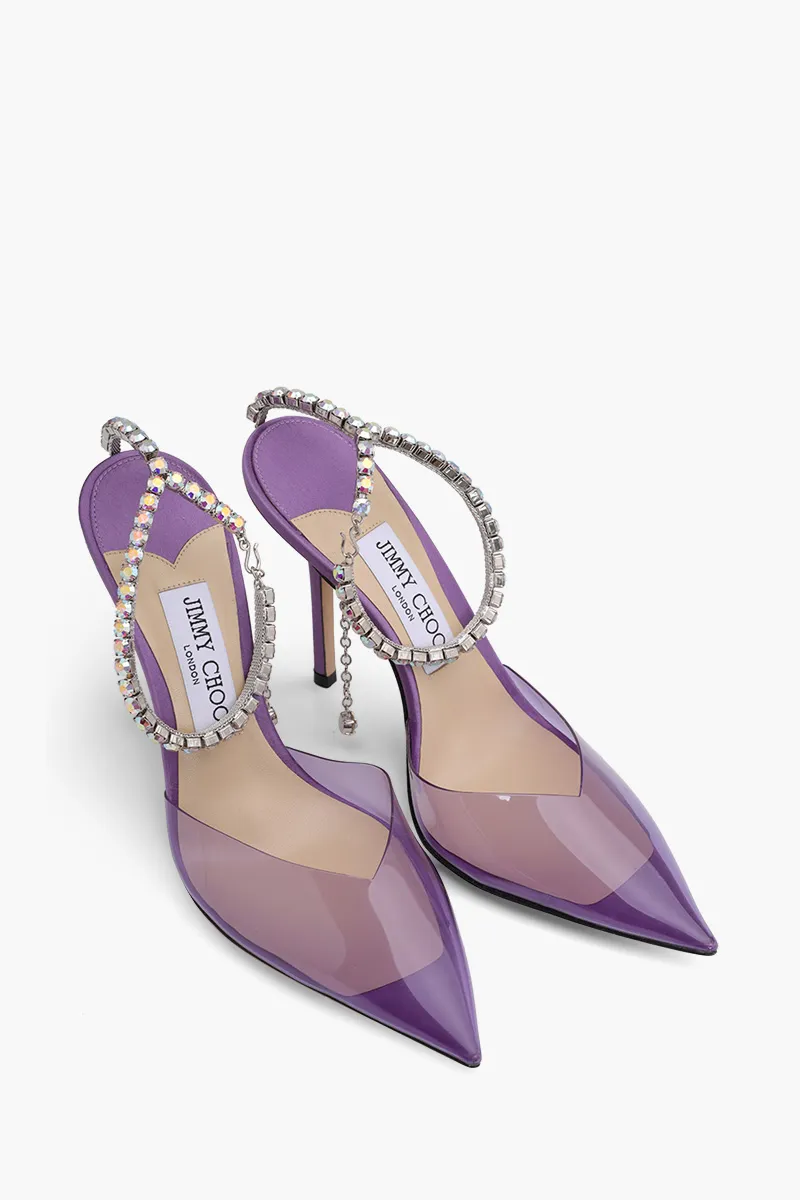 JIMMY CHOO Sarda Ankle Crystal Strap Heels 100mm in Wisteria/Aurora Plexiglass 1