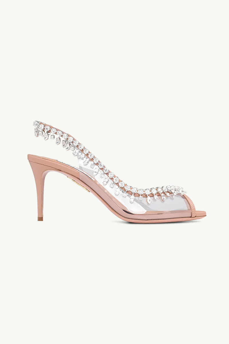 AQUAZZURA Temptation Crystal Slingback Sandals 75mm in Powder Pink Nappa Leather 0