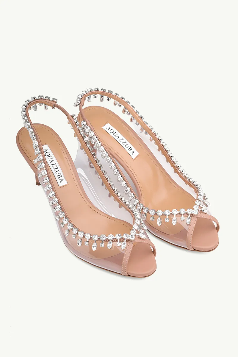 AQUAZZURA Temptation Crystal Slingback Sandals 75mm in Powder Pink Nappa Leather 1
