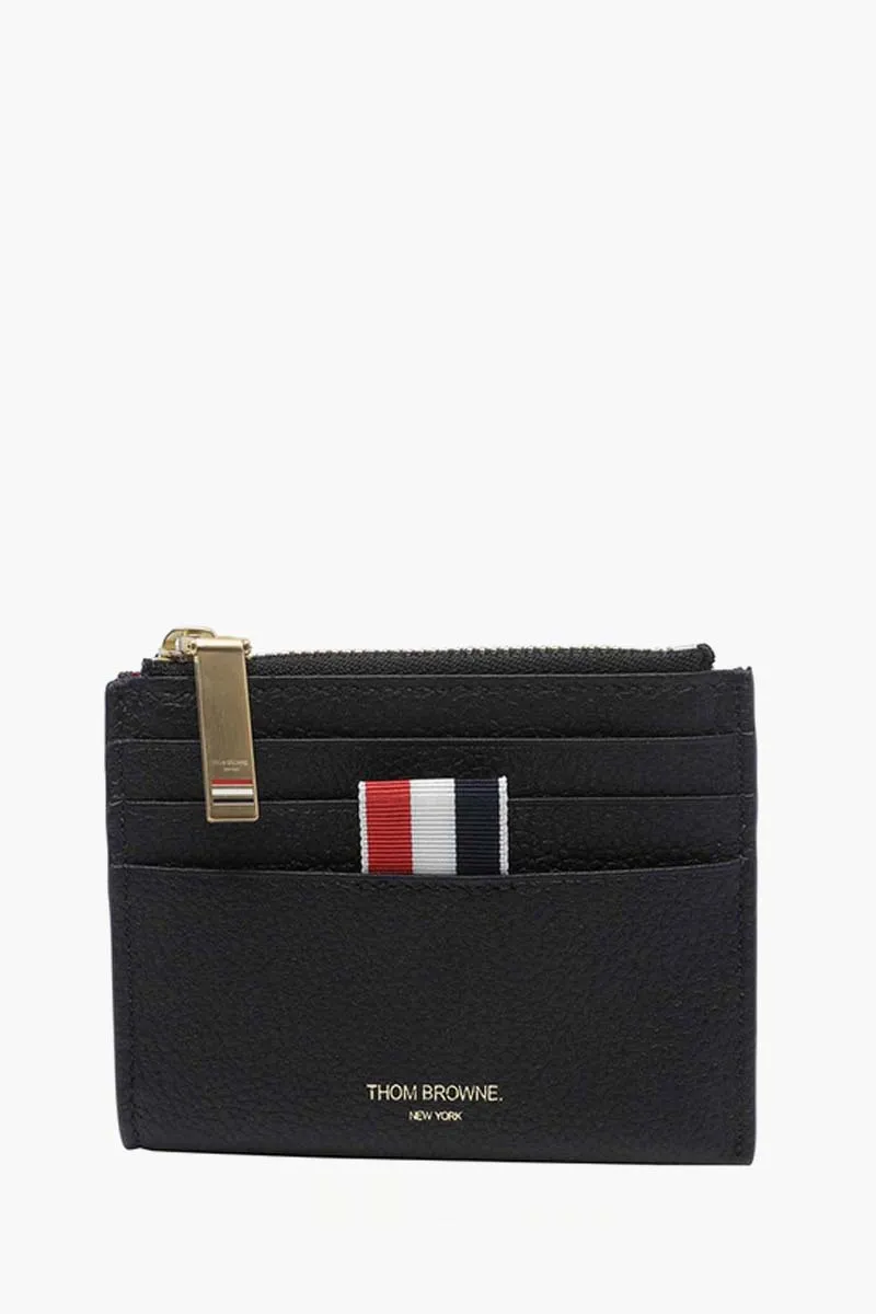 THOM BROWNE Zip Top RWB Stripe Card Holder in Black Soft Pebble Grain Leather 0