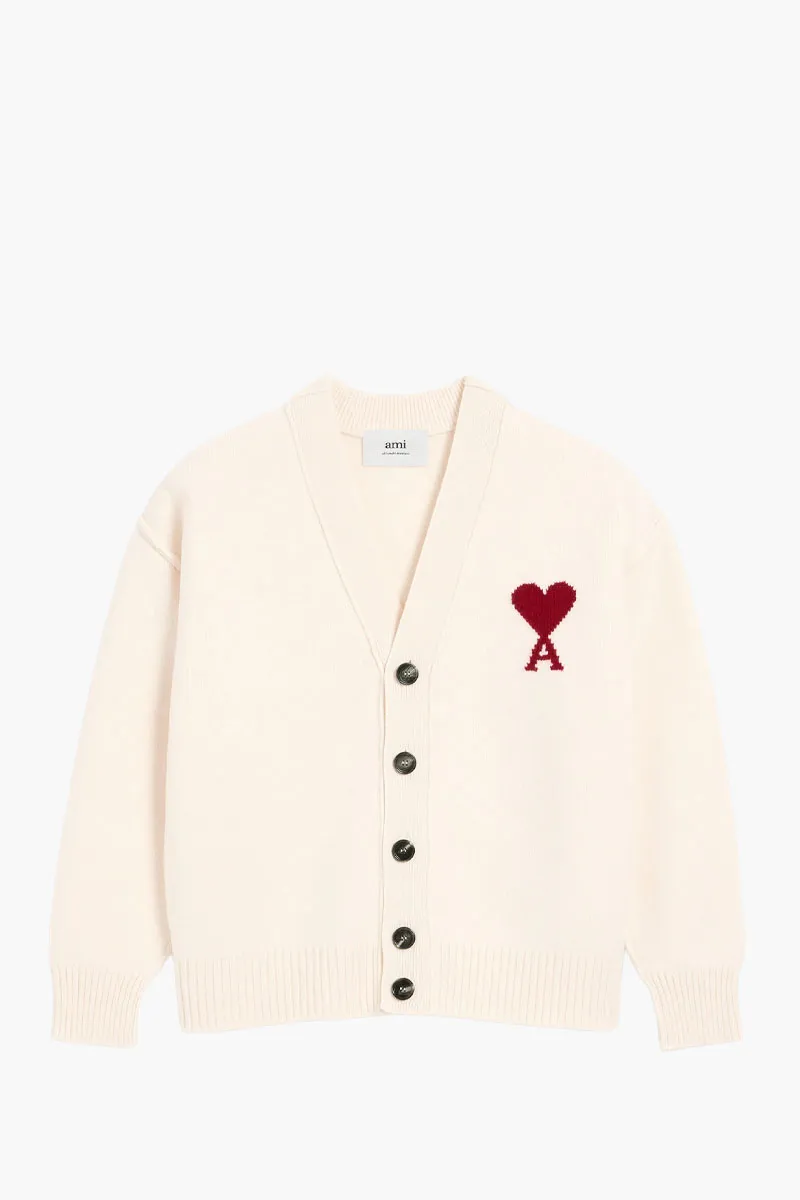 AMI De Coeur Cardigan in Off White/Red Felted Merino Wool Knit 0