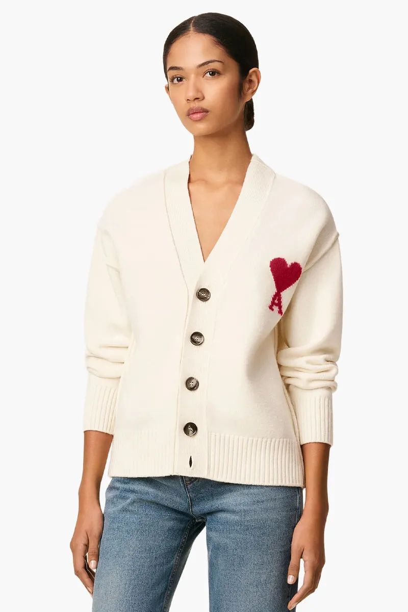 AMI De Coeur Cardigan in Off White/Red Felted Merino Wool Knit 1