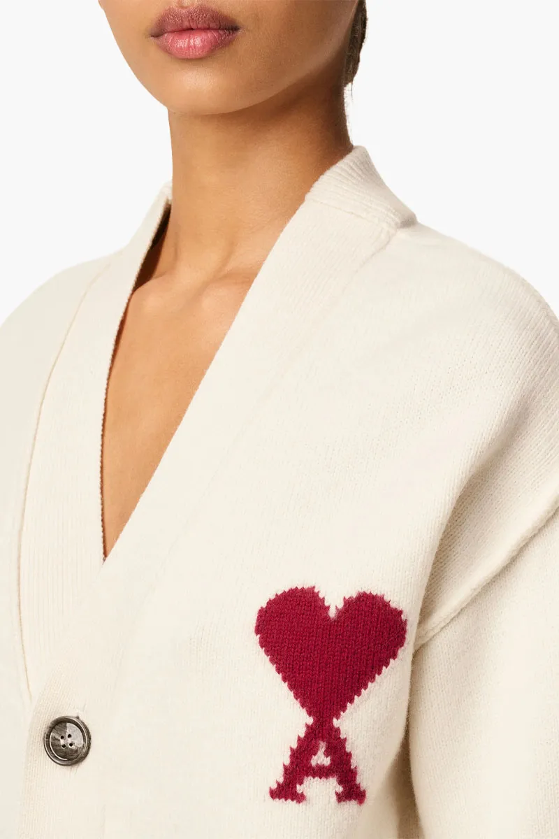 AMI De Coeur Cardigan in Off White/Red Felted Merino Wool Knit 3
