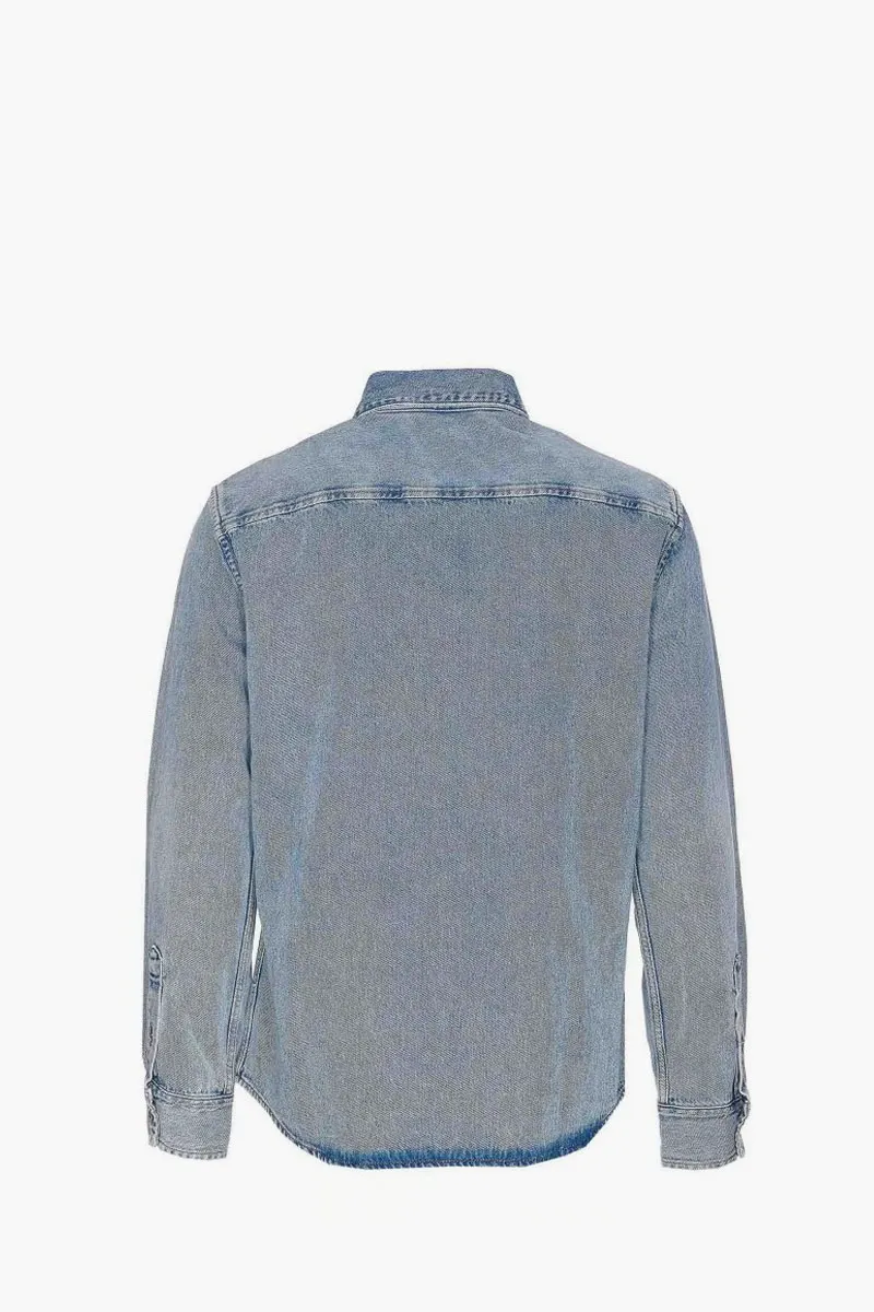 AMI Unisex Ami De Coeur Button-Down Denim Shirt in Used Blue Cotton 1
