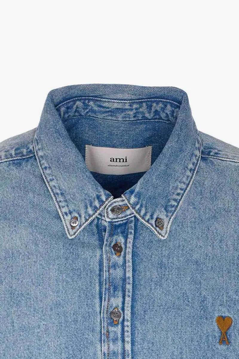 AMI Unisex Ami De Coeur Button-Down Denim Shirt in Used Blue Cotton 2