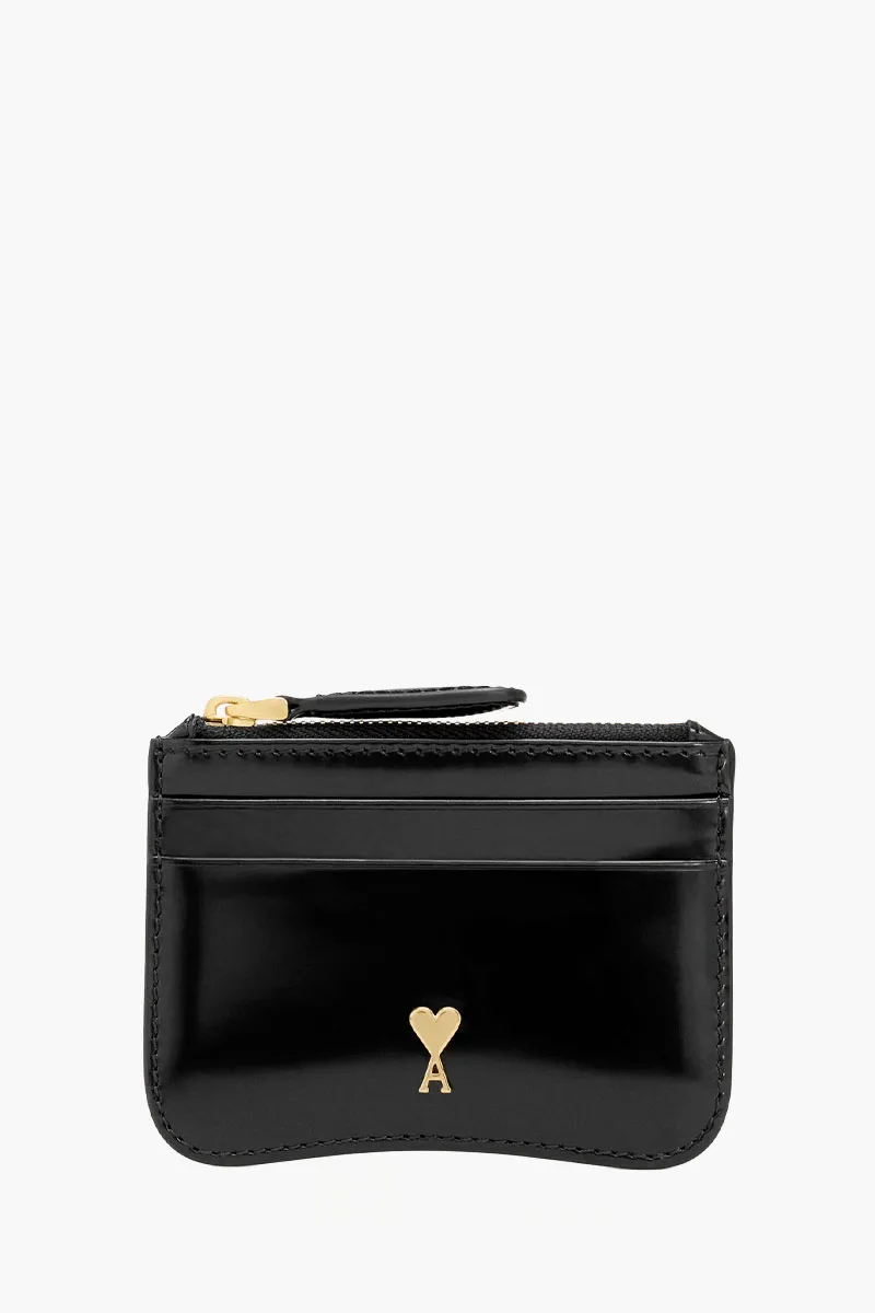 AMI Ami Paris Zip-Up Card Holder in Black Smooth Calfskin GHW 0