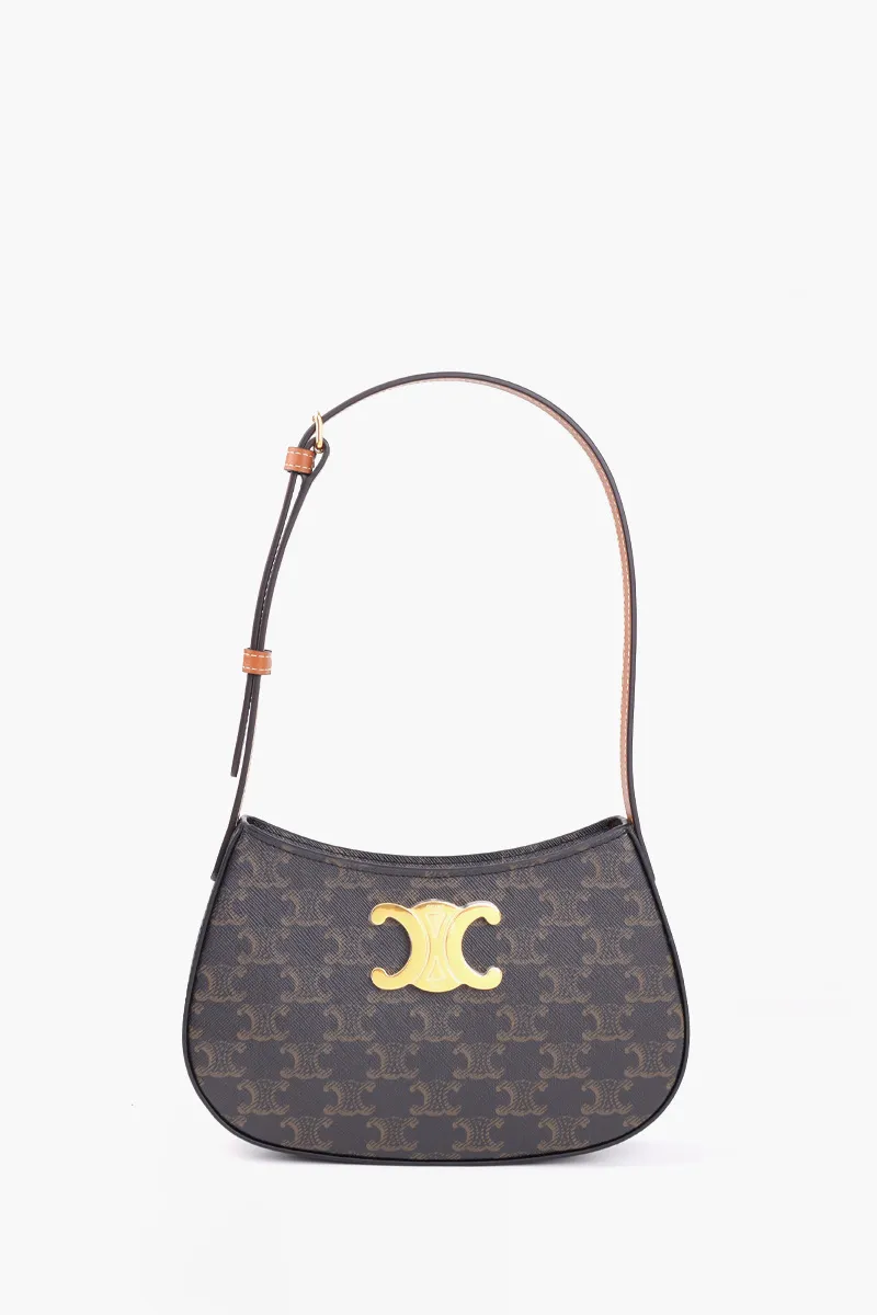 CELINE Medium Tilly Triomphe Shoulder Bag in Tan Canvas and Calfskin