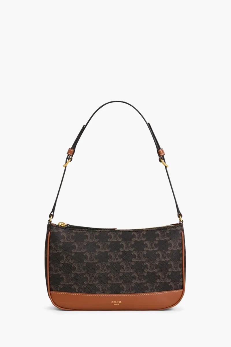 CELINE Triomphe Canvas Shoulder Bag in Tan Calfskin