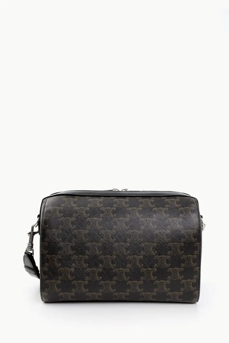 CELINE Mini Triomphe Canvas Boston Crossbody Bag in Black SHW Calfskin