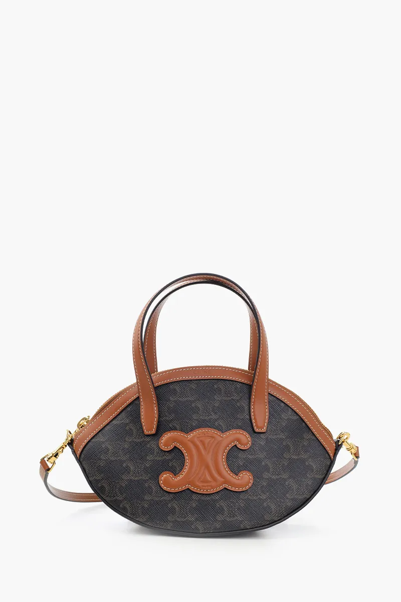 CELINE Oval Triomphe Canvas Shoulder Bag in Tan Calfskin