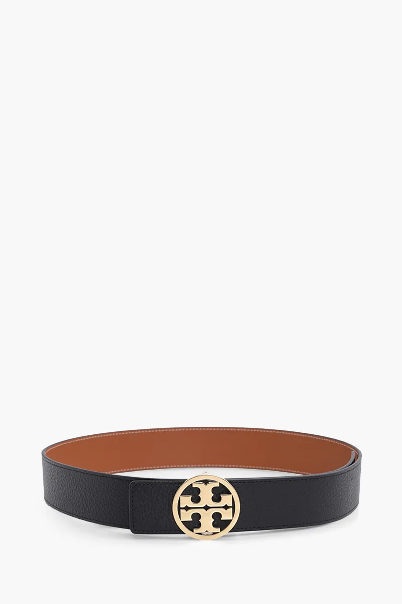 TORY BURCH 1.5" Miller Reversible Logo Belt in Black/New Cuoio GHW