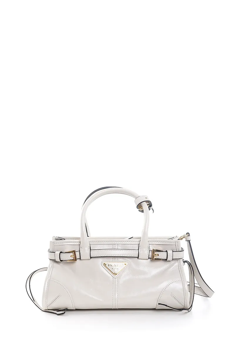PRADA Mini Bonnie Handbag in White Calfskin with Detachable Shoulder Strap