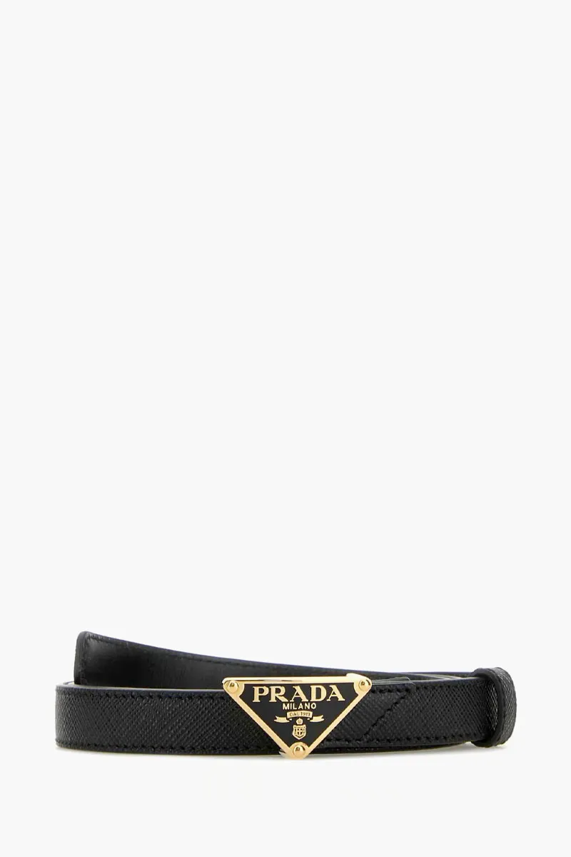 PRADA Triangle Logo Buckle 1.5cm Belt in Black GHW Saffiano Leather