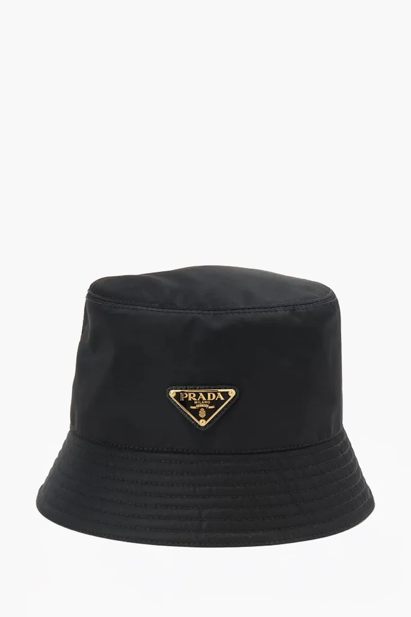 PRADA Triangle Logo Bucket Hat in Black/Gold Re-Nylon