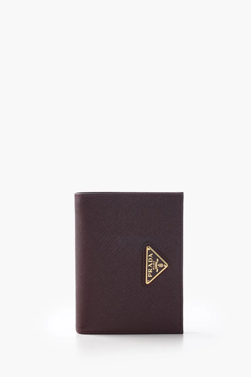 PRADA Small Triangle Logo Flap Wallet in Bordeaux Saffiano Leather
