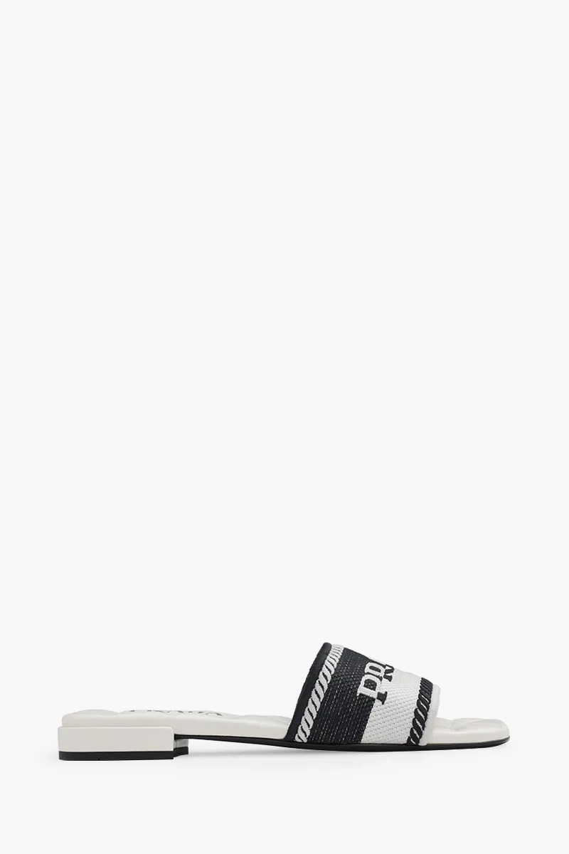 PRADA Women Embroidered Lettering Logo Slides in Black/Chalk White with Quilted Sole
