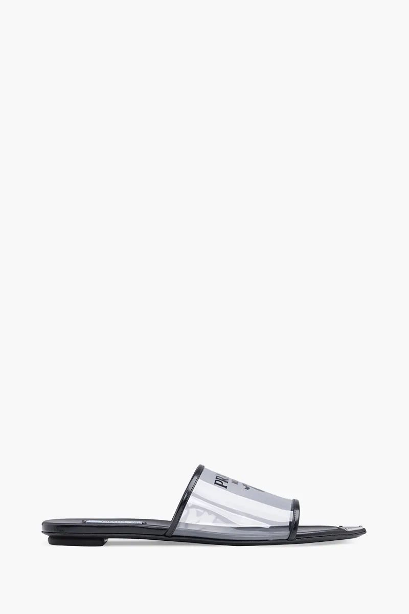 PRADA Women Logo Print Plexiglas Flat Slides in Black with Triangle Logo on Sole