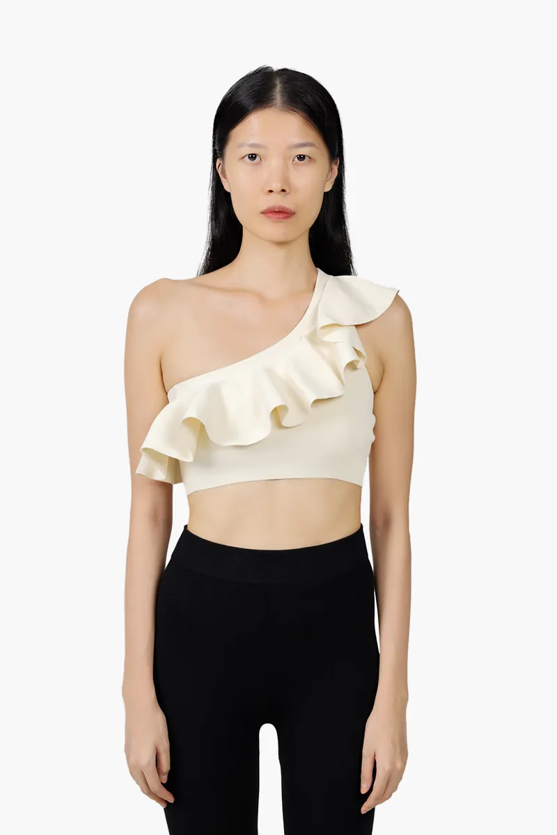 CELINE Women One-Shoulder Embroidered Crop Top in Off White Underpinning Viscose