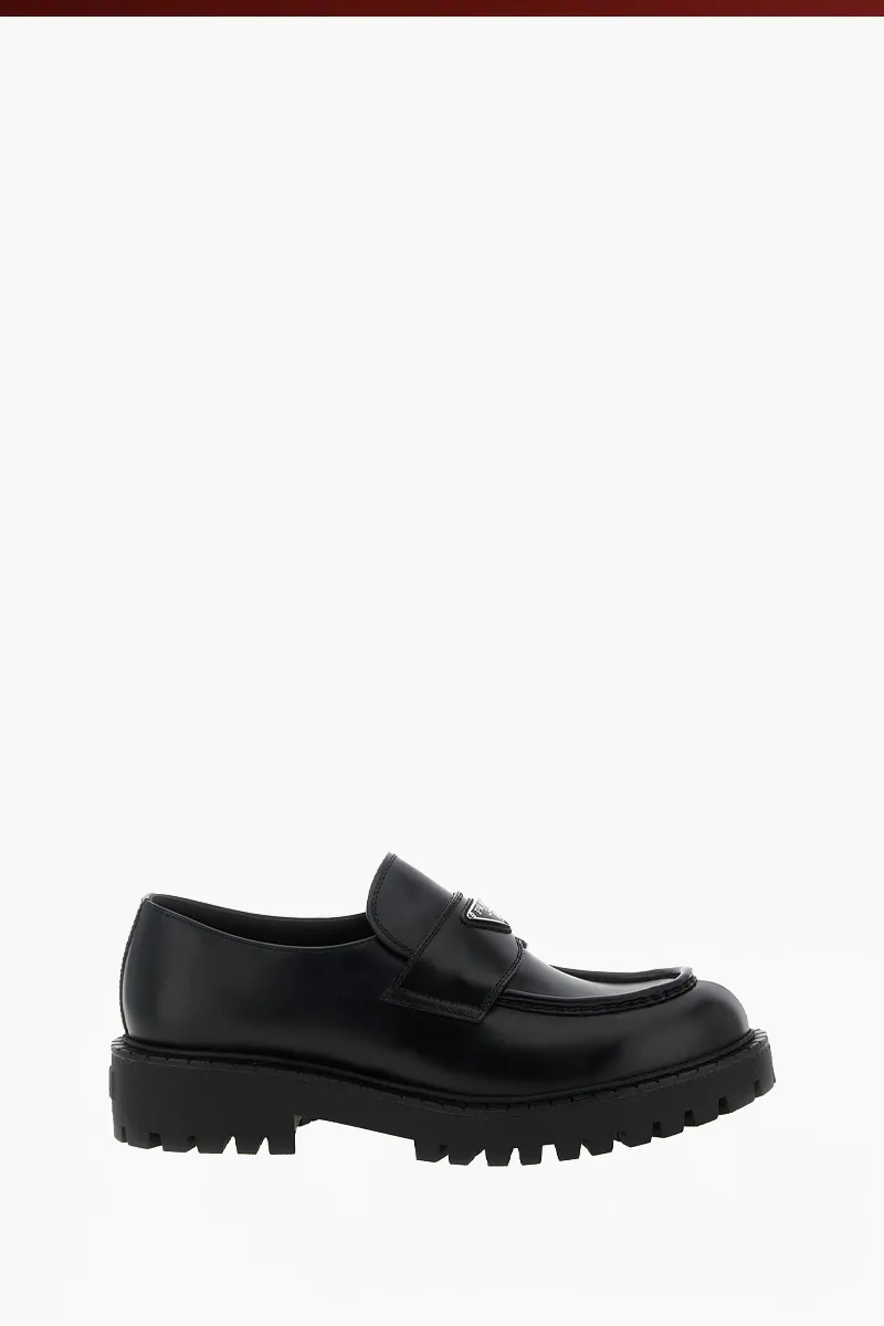 PRADA Men Metal Triangle Logo Double Chocolate Loafers in Black Brushed Leather