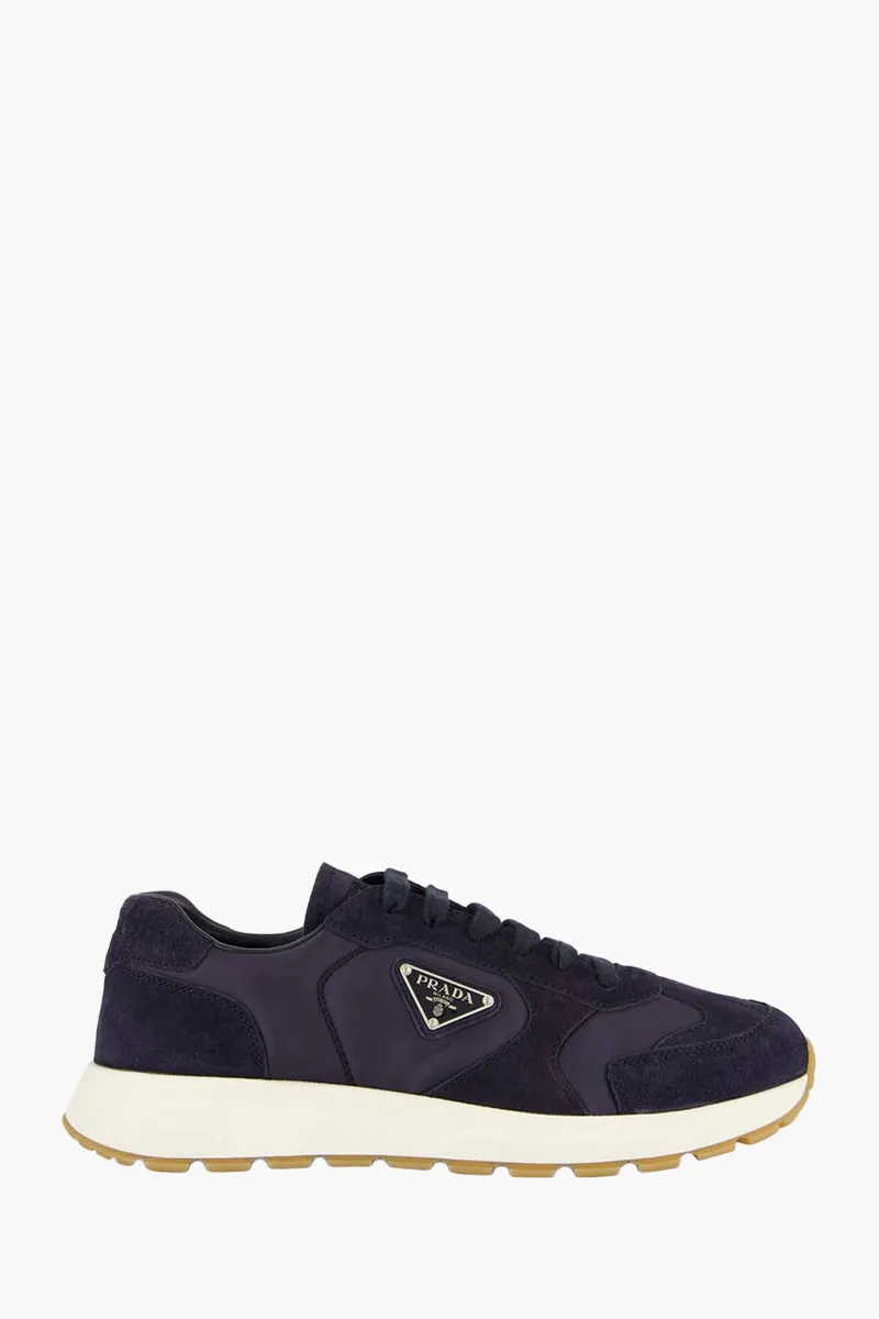 PRADA Men Prax 2.0 Low Top Sneakers in Navy Suede and Re-Nylon