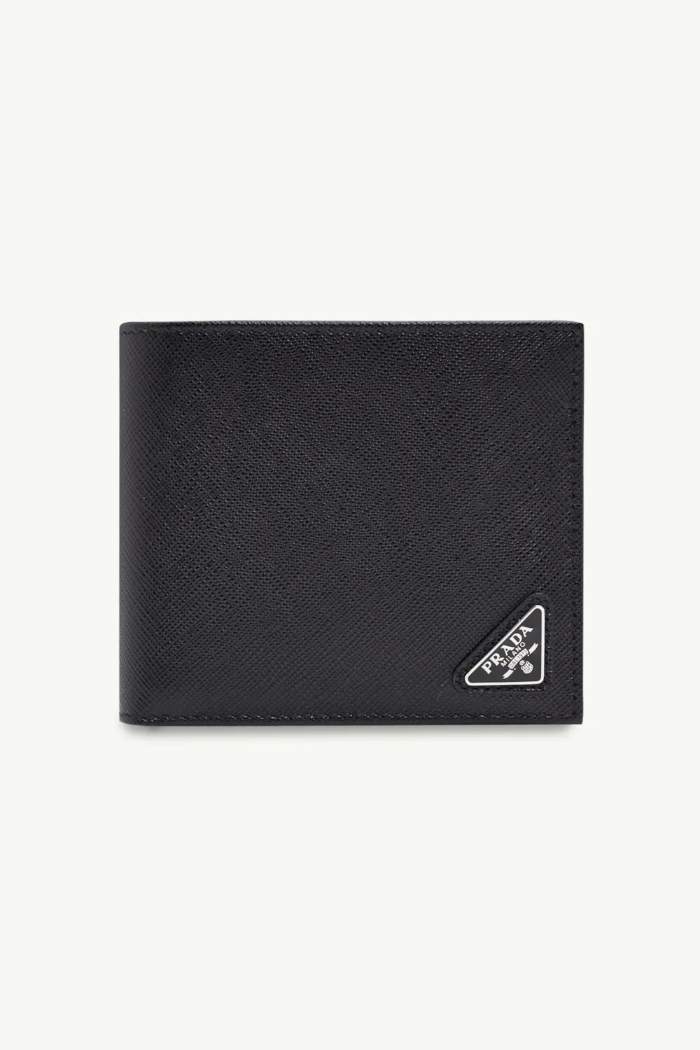 PRADA Men Bi-Fold Wallet in Black Saffiano Leather with Corner Triangle Logo