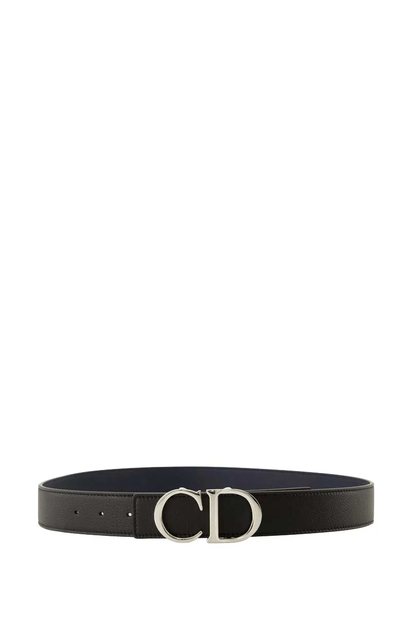 CHRISTIAN DIOR Men Double Side Belt in Black/Dark Blue Grained Calfskin with CD Buckle SHW