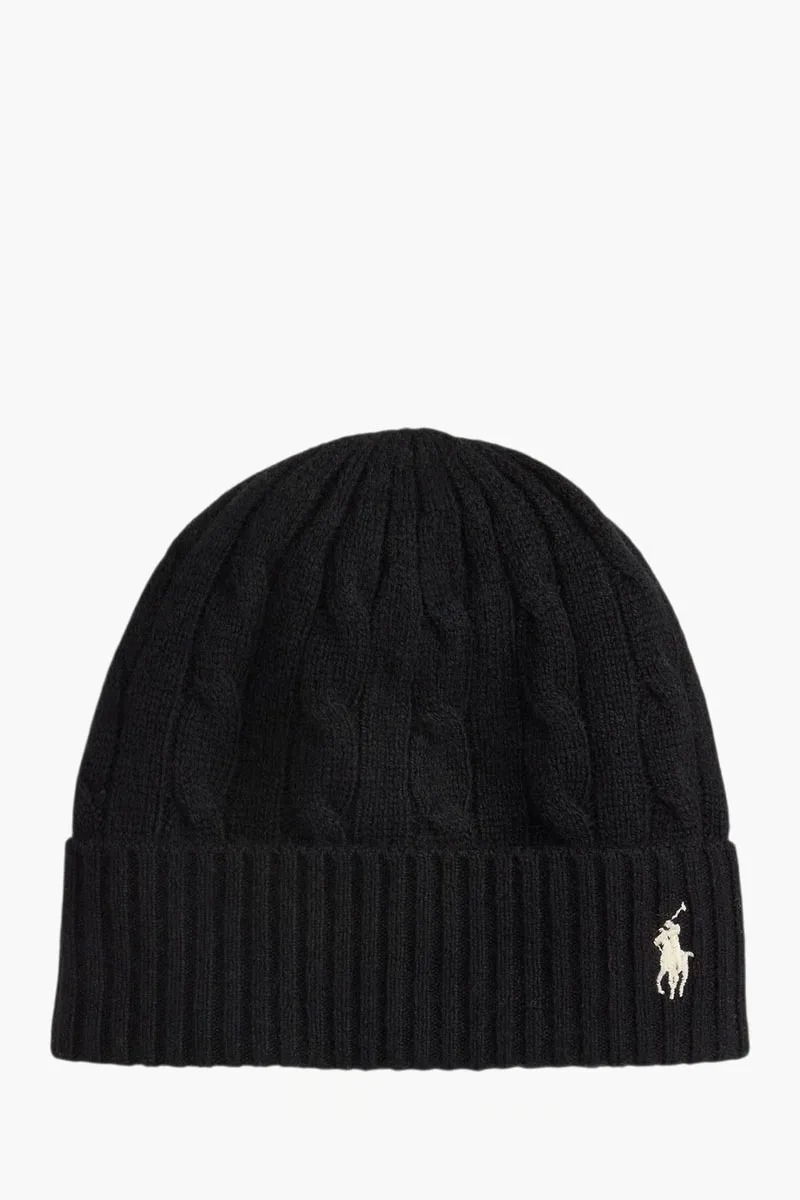 POLO RALPH LAUREN Cable-Knit Beanie Hat in Black Wool-Cashmere