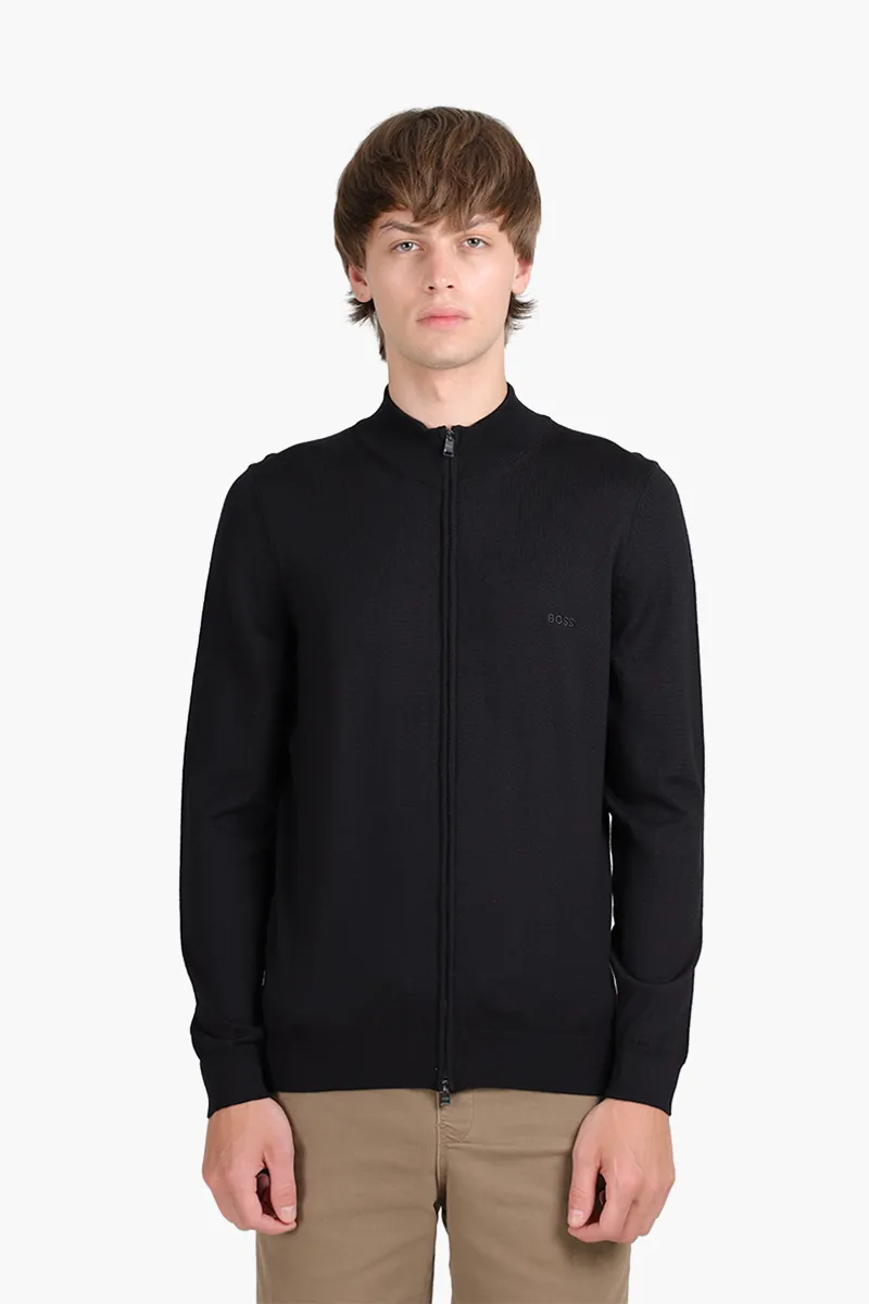 HUGO BOSS Men Balonso-L Zip-Up Cardigan in Black Virgin Wool with Embroidered Logo