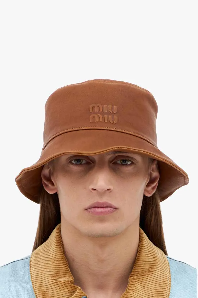 MIU MIU Bucket Hat With Embossed Logo in Caramel Leather