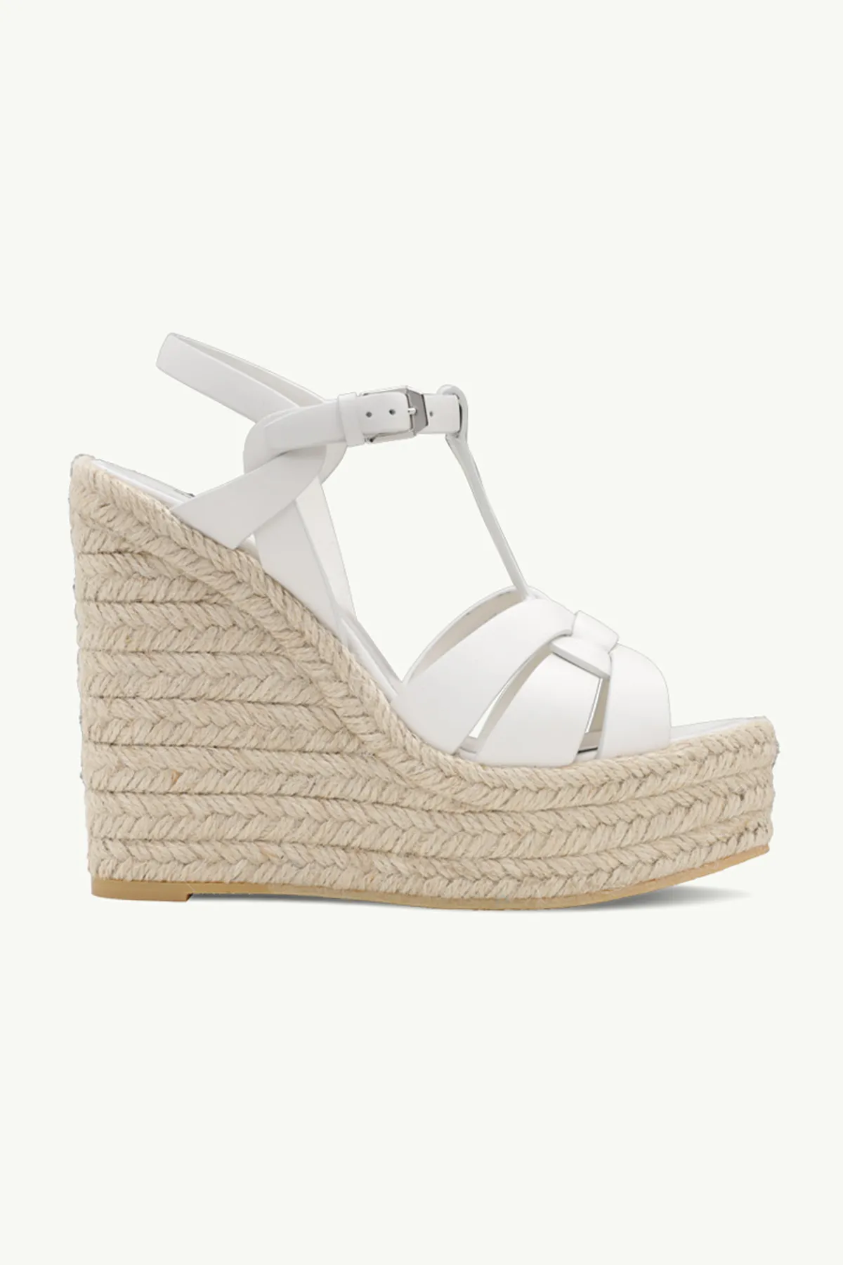 SAINT LAURENT Espadrille 12cm T Strap Wedge Sandals in White Calf