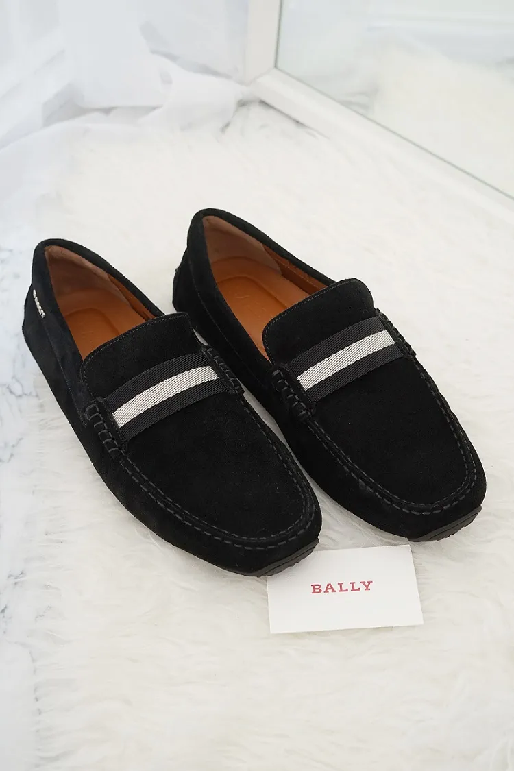 BALLY Men Driver Pearce Loafers in Black Suede with Trainspotting Stripe