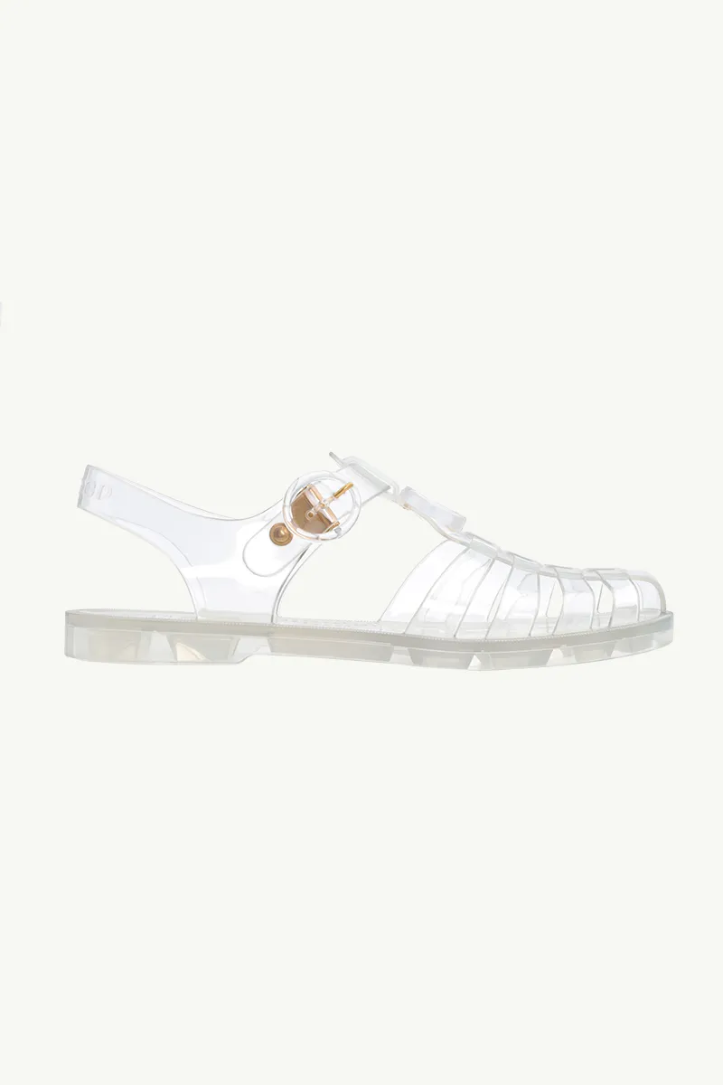 GUCCI Women GG Ankle Buckle Flat Sandals in Transparent Rubber