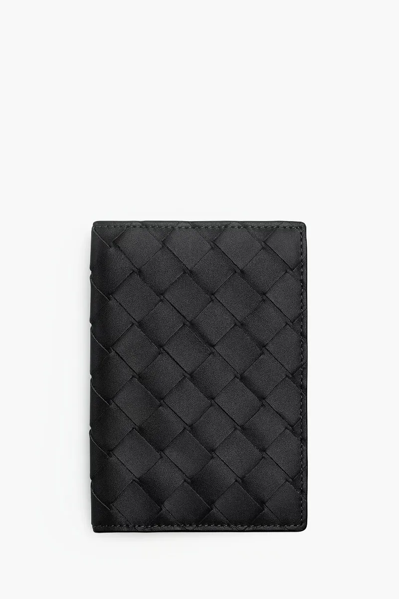 BOTTEGA VENETA Men Intrecciato Passport Case in Black Calfskin