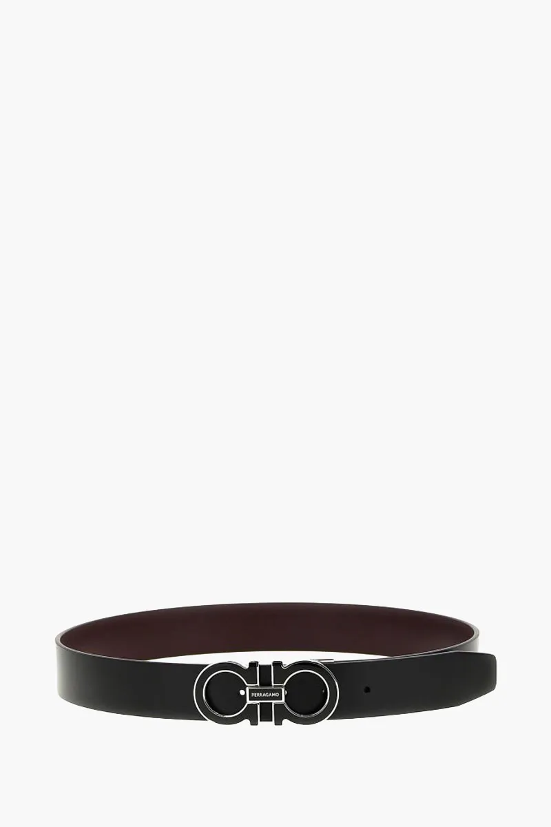 FERRAGAMO Men Reversible Adjustable Gancini Belt 3.5cm in Black/Dark Barolo Calfskin