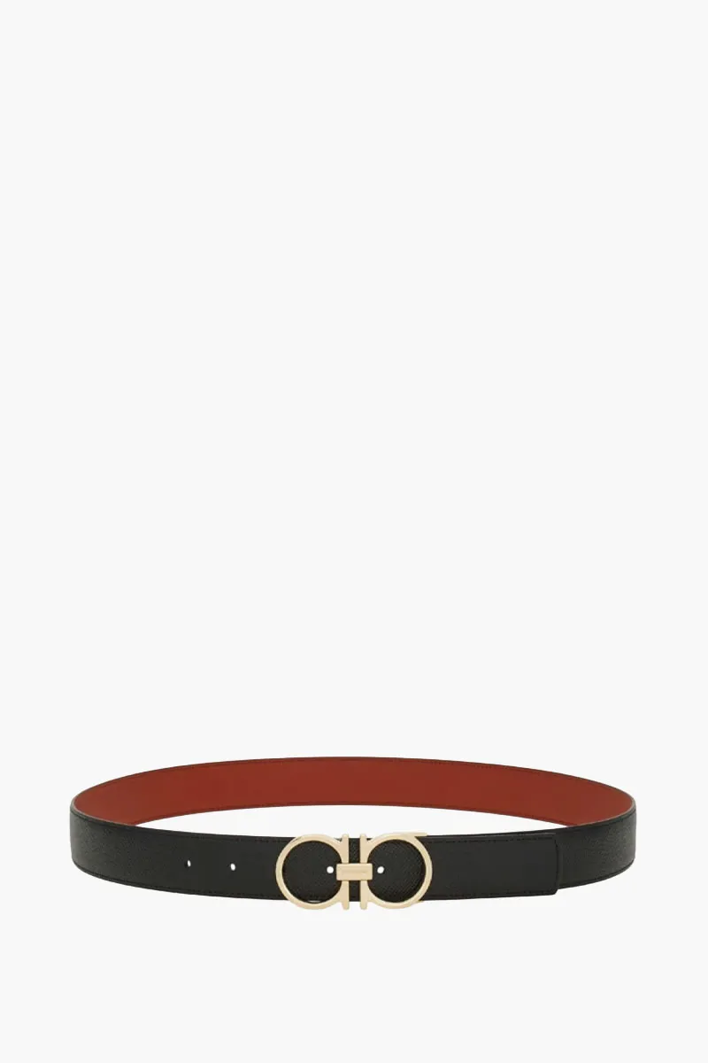 FERRAGAMO Men Slim Gancini Reversible Belt 3.2cm in Black/Brick Hammered Calfskin GHW