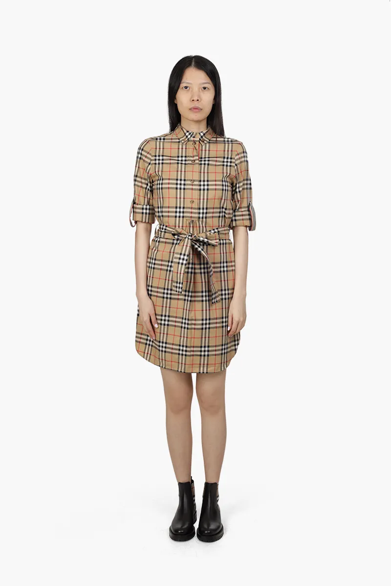 BURBERRY Women Vintage Check Stretch Cotton Tie-Waist Shirt Dress in Archive Beige