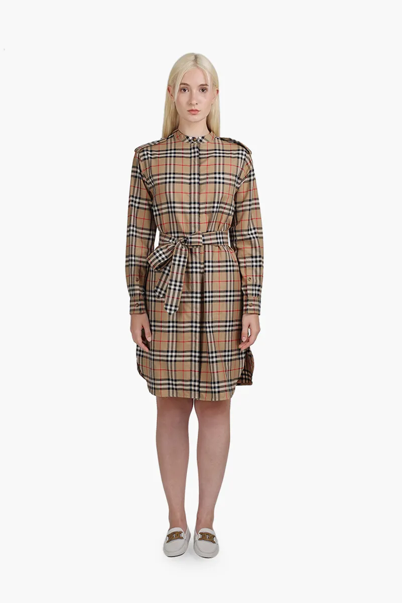 BURBERRY Women Vintage Check Tie-Waist Standing Neck Shirt Dress Archive Beige