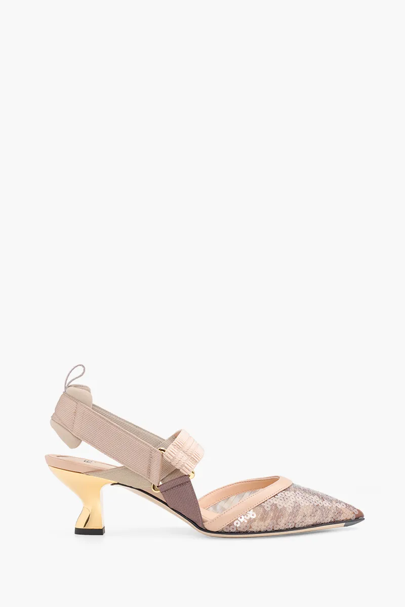 FENDI Colibri Slingback Pumps 55mm in Light Pink/Nude Micromesh FF Motif with Sequin Embroidery