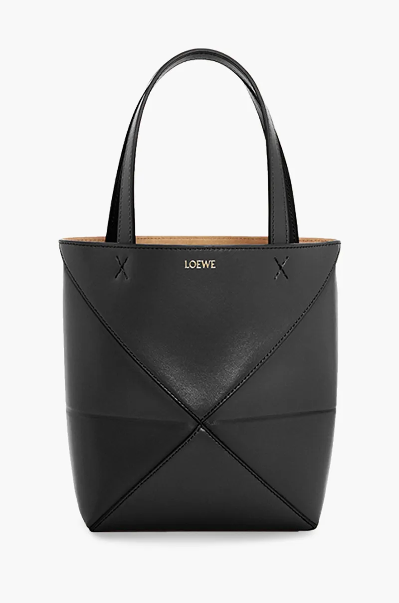 LOEWE Mini Puzzle Fold Tote Bag in Black Shiny Calfskin