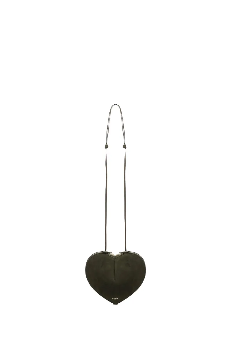 ALAIA Le Coeur Bi-Material Shoulder Bag in Olive Green Suede x Shiny Grained Goatskin