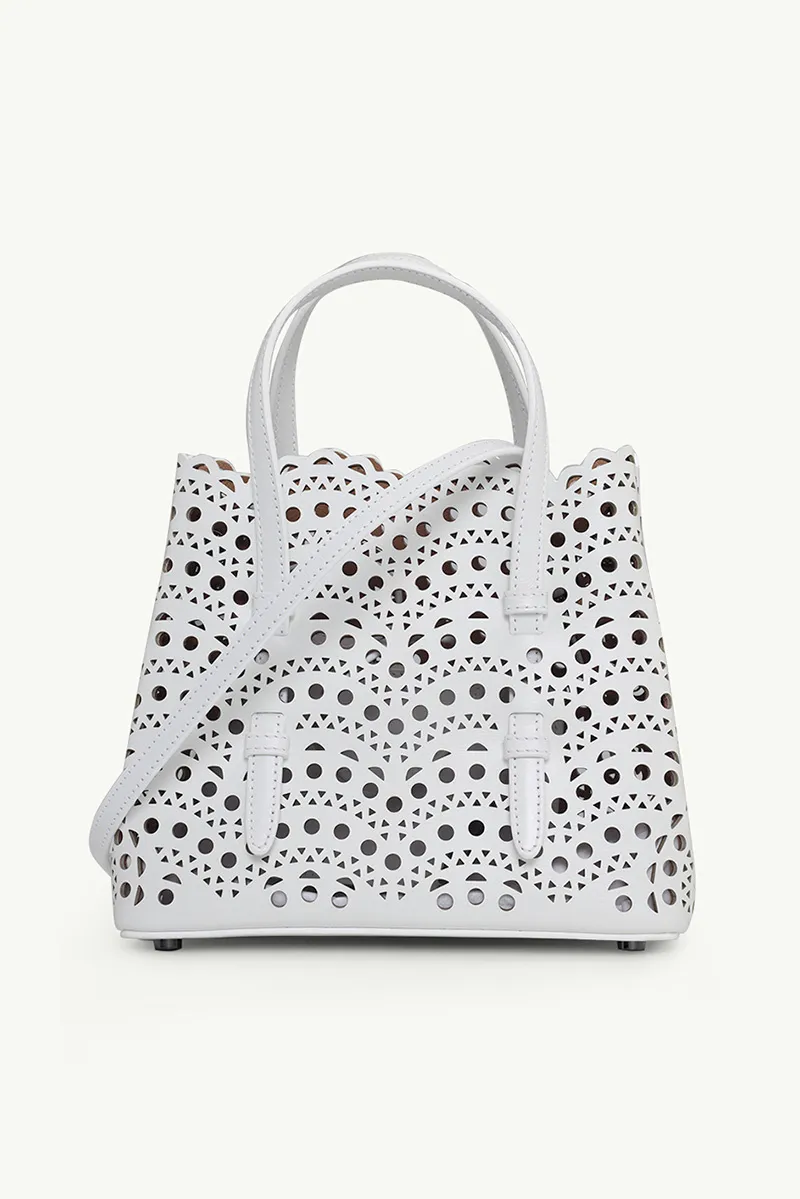 ALAIA Mina 20 Lasered Tote Bag in White with Inner Pouch