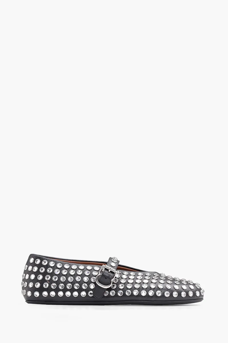 ALAIA Women Strass Rhinestones Ballerina Flats in Black Lambskin