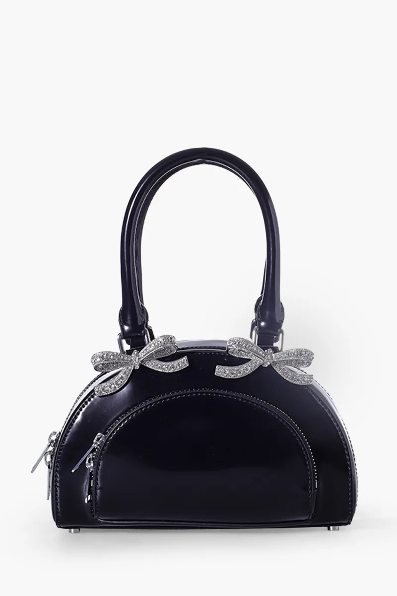 SELF-PORTRAIT Mini Curved Diamanté Bows Top Handle Tote Bag in Black Leather