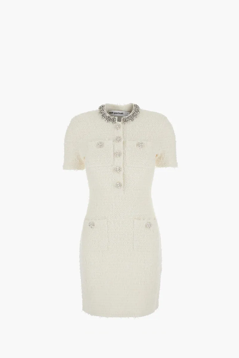 SELF-PORTRAIT Women Textured Knit Mini Dress in Cream Cotton with Crystal Trim