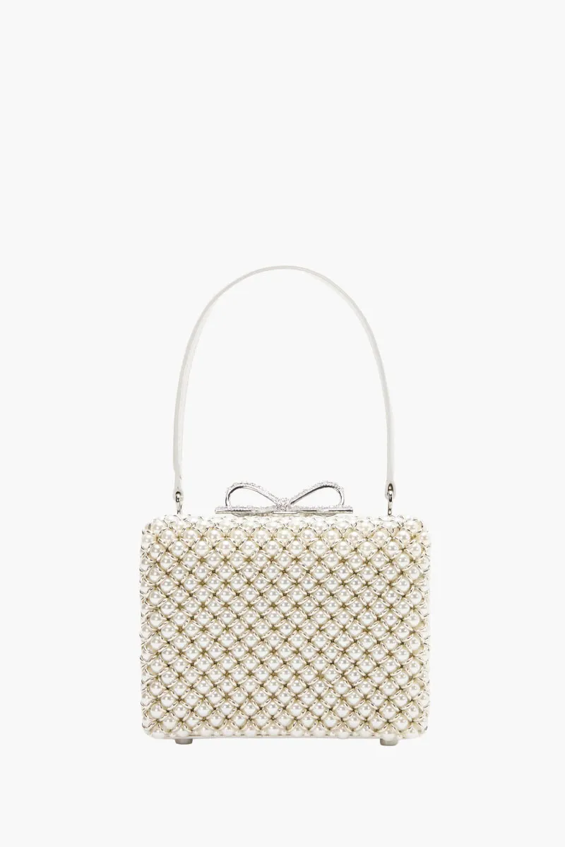 SELF-PORTRAIT Crystal Bow Pearl Embellished Micro Bag in Cream