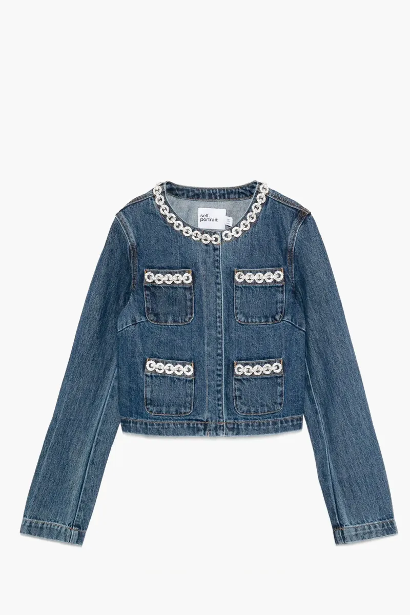 SELF-PORTRAIT Women Cropped Denim Jacket in Blue Cotton with Crystal Trim