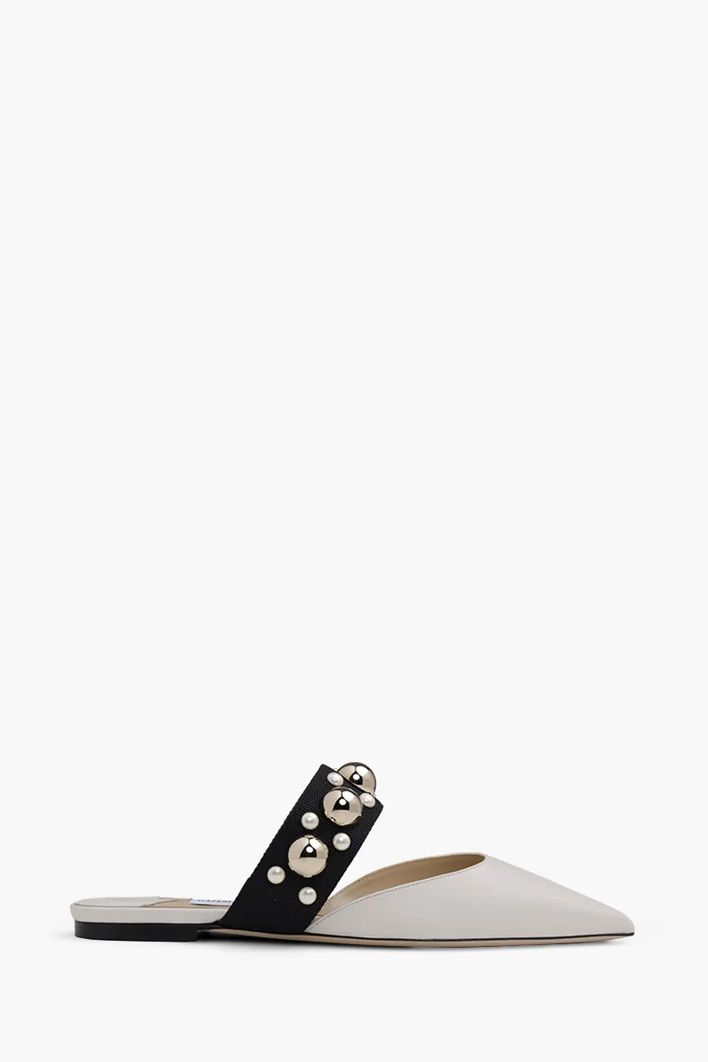 JIMMY CHOO Basette Pointed Toe Flat in Latte/Black/Gold Mix with Pearl and Stud Strap