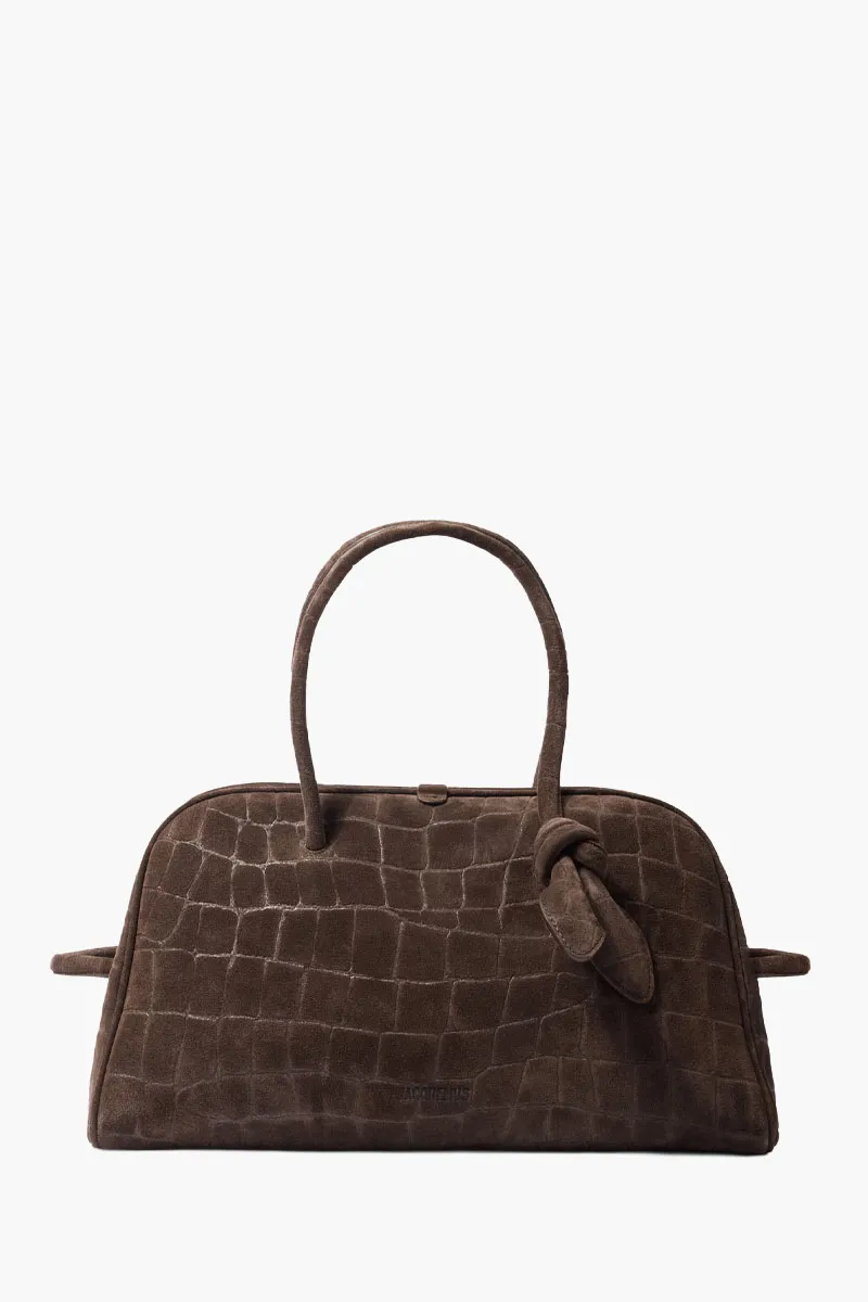 JACQUEMUS Le Turismo Soft Bowling Bag in Dark Brown Crocodile Embossed Suede