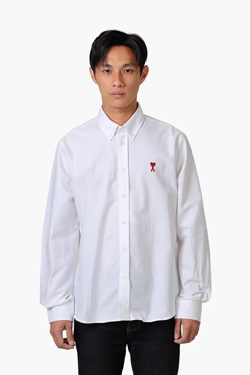 AMI Unisex De Coeur Button Down Classic Fit Long Sleeves Shirt in Natural White Cotton Oxford