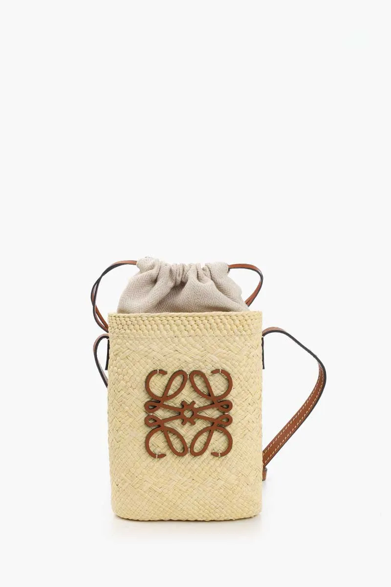 LOEWE Square Pocket Drawstring Bag in Natural/Tan Iraca Palm x Calfskin